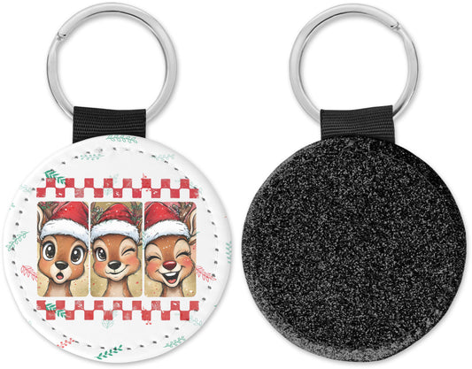 Cute Reindeer with Santa Hat Round Sparkly Key Chain