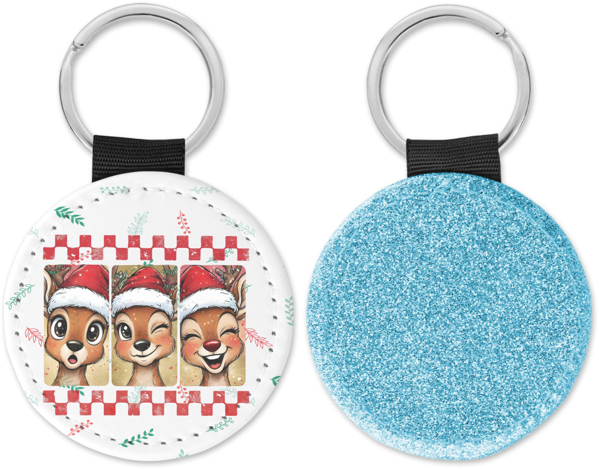 Cute Reindeer with Santa Hat Round Sparkly Key Chain