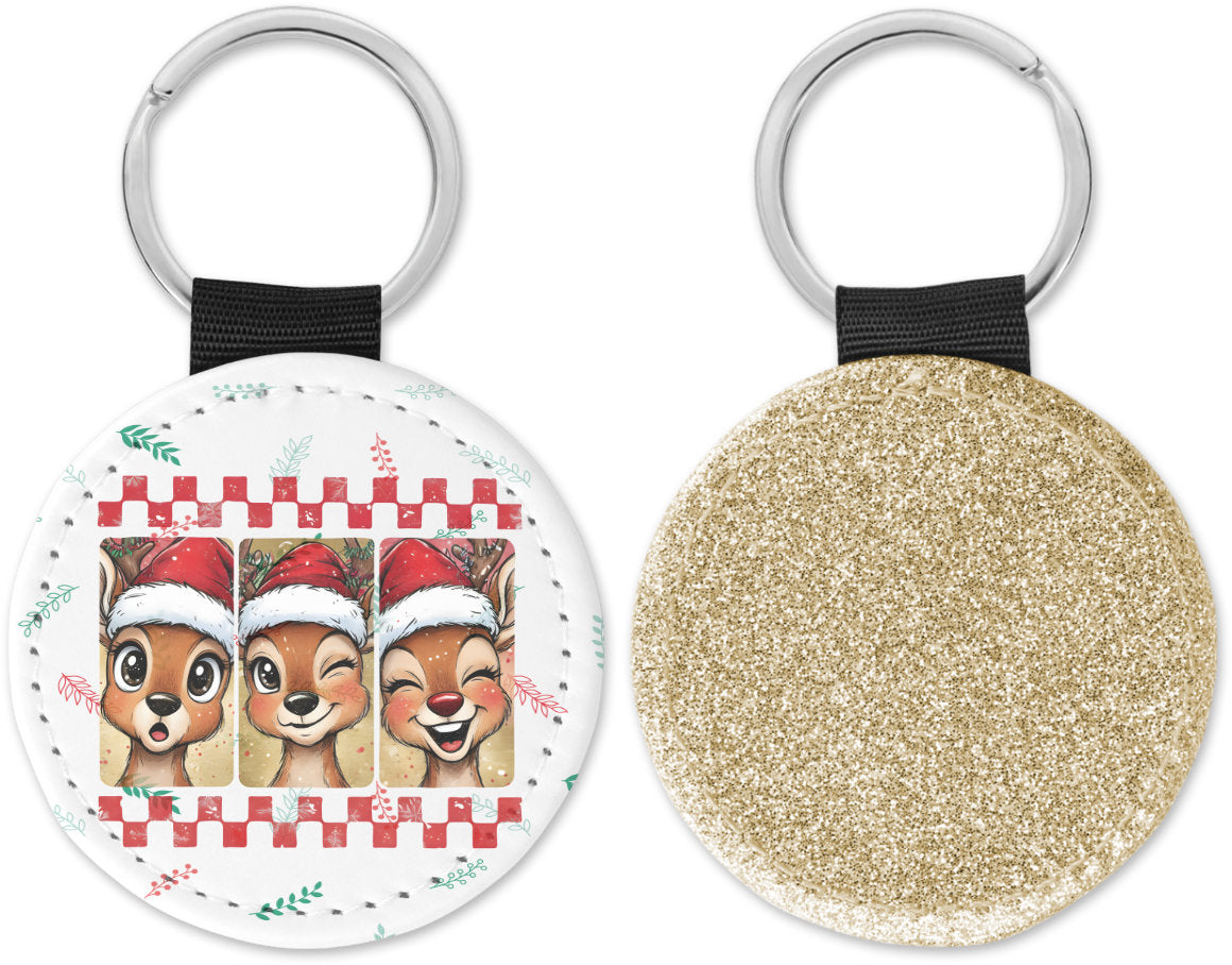 Cute Reindeer with Santa Hat Round Sparkly Key Chain