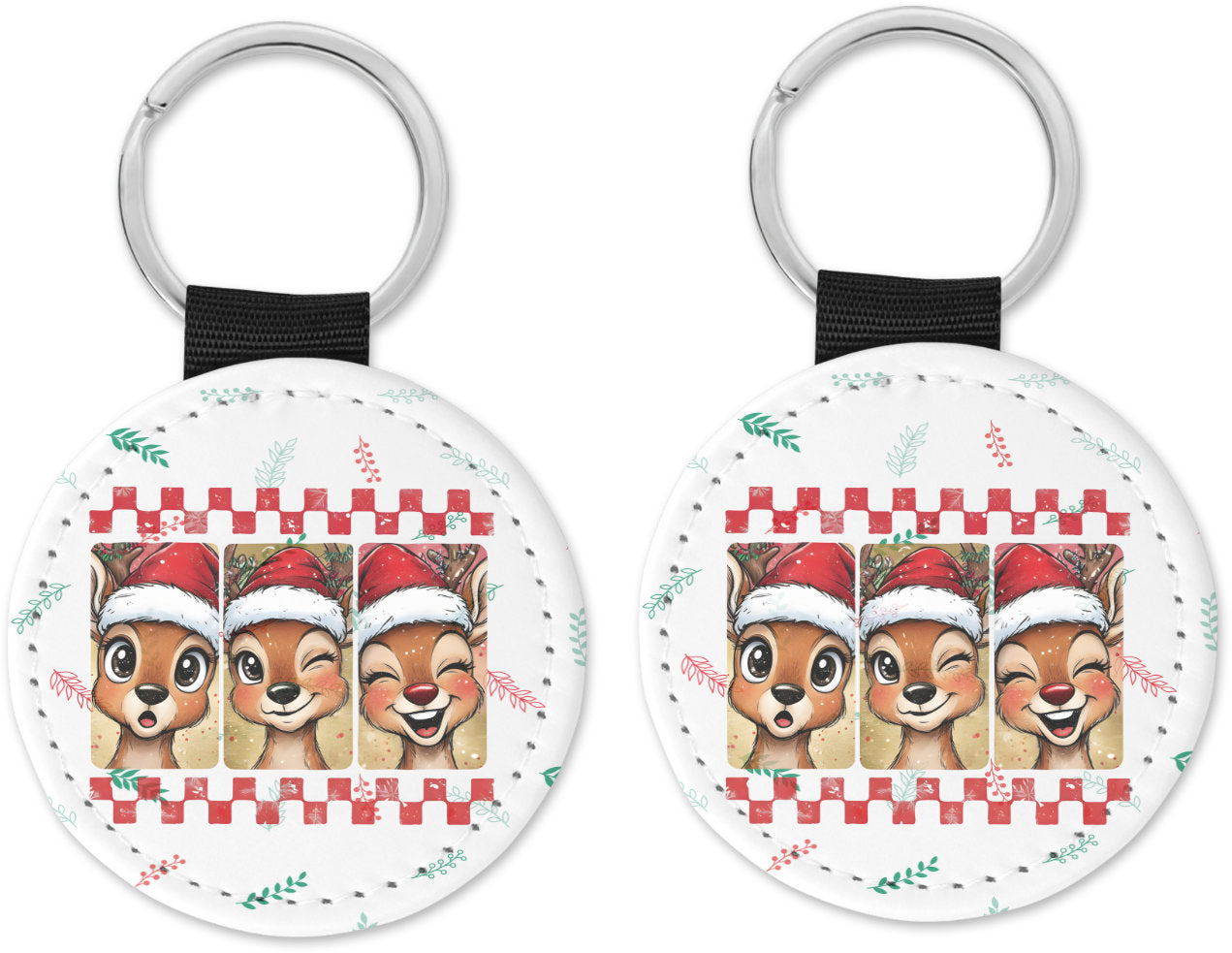 Cute Reindeer with Santa Hat Round Sparkly Key Chain