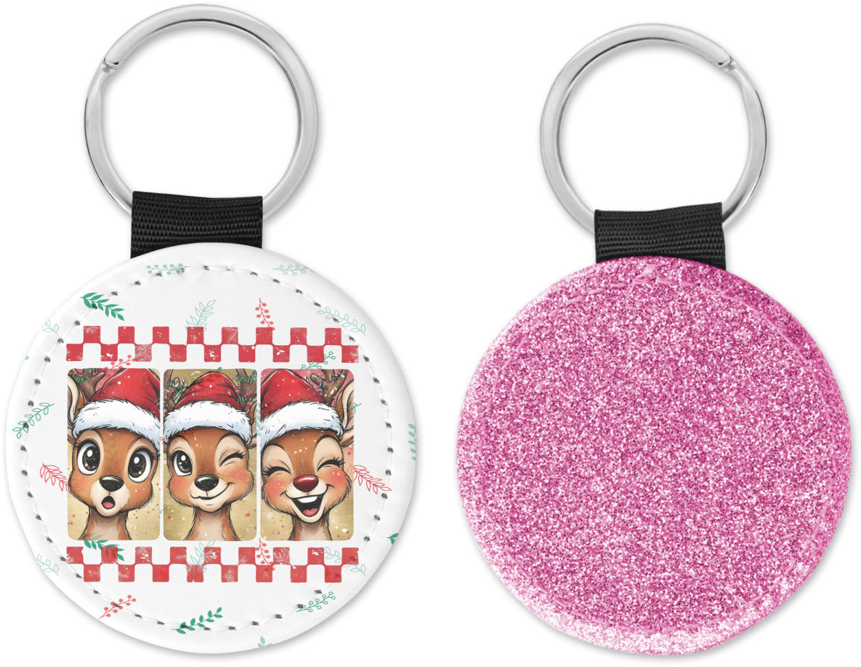 Cute Reindeer with Santa Hat Round Sparkly Key Chain