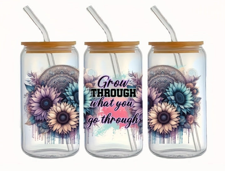 Inspirational 4 styles - Let Them, Anxiety Loading, Grow through it - Boho style Cold brew Glass tumbler
