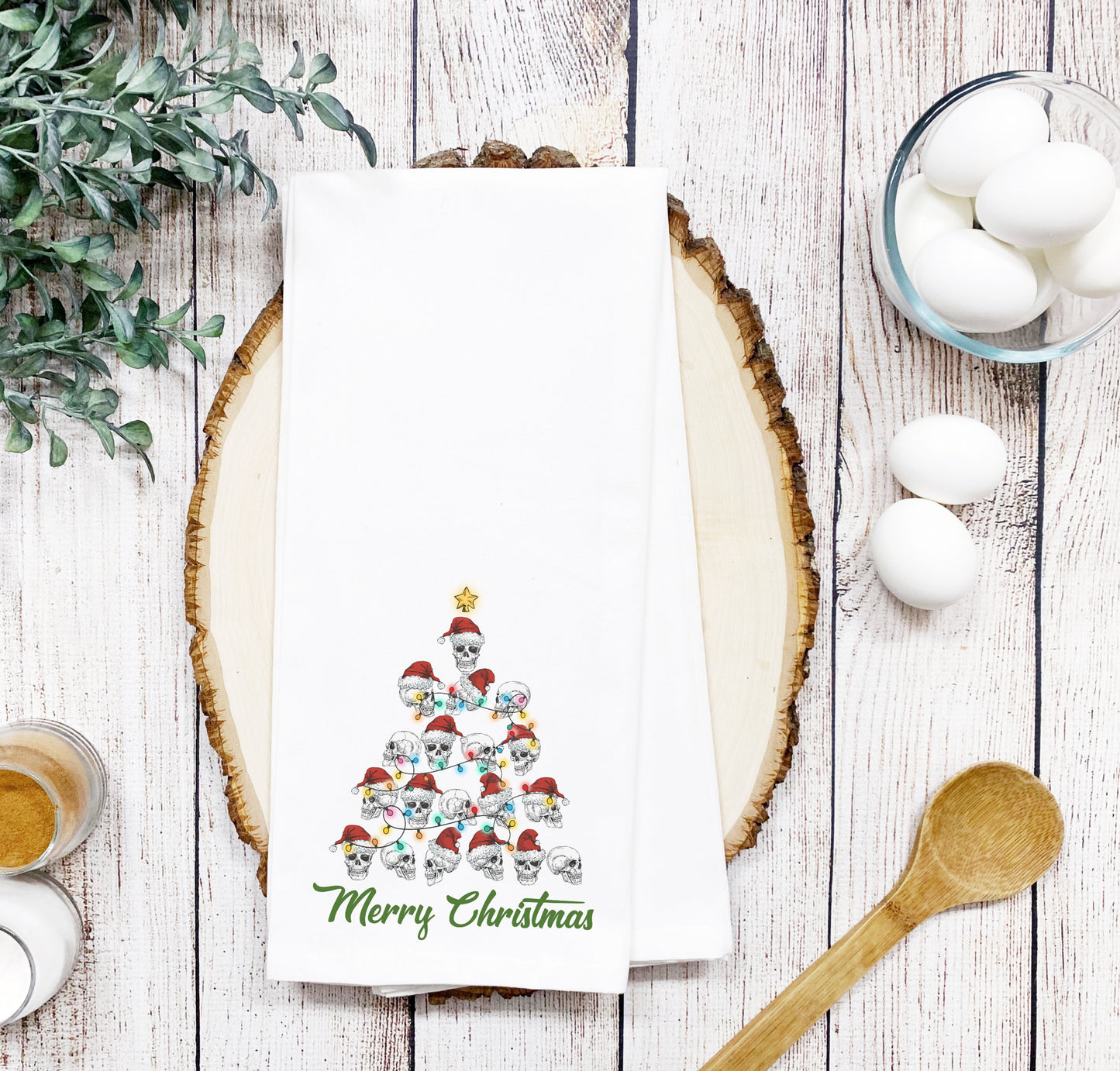 Festive Skeleton Christmas Tree with Lights Smooth or Waffle texture Tea Towel