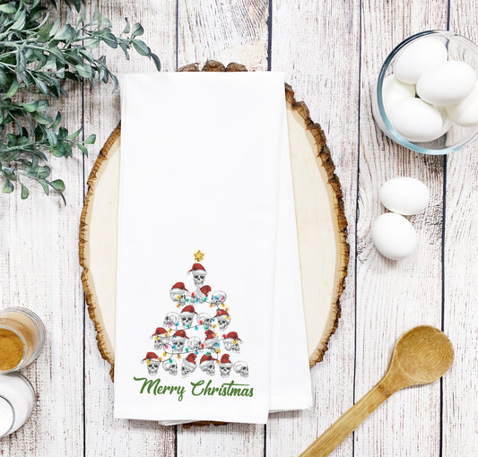 Festive Skeleton Christmas Tree with Lights Smooth or Waffle texture Tea Towel