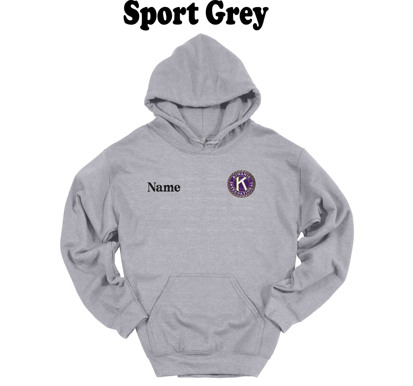Gray hoodie with a logo and text on a white background