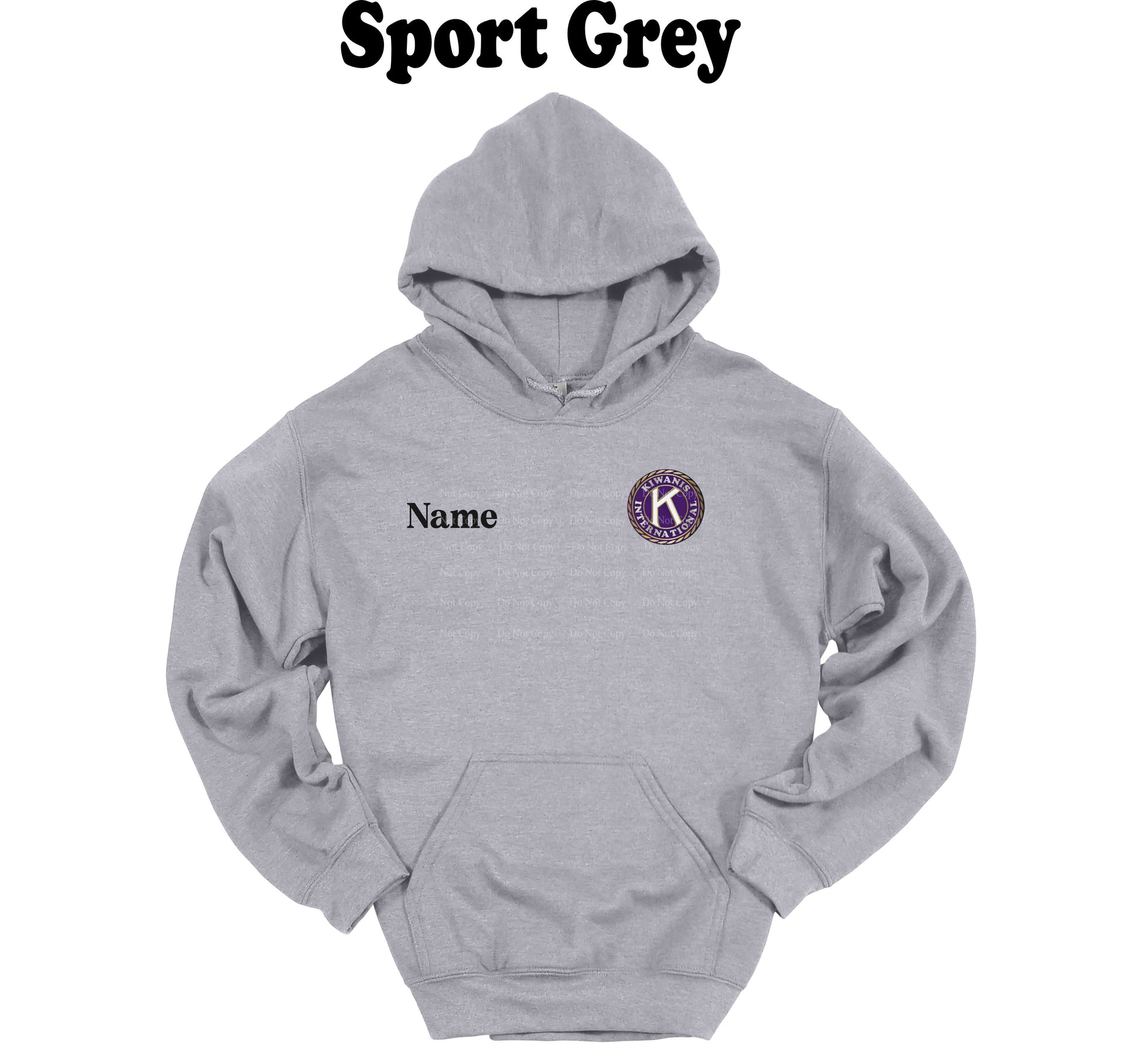 Gray hoodie with a logo and text on a white background