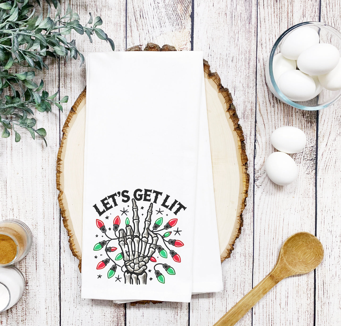 Lets get Lit peace sign with Christmas lights Smooth or Waffle texture Tea Towel