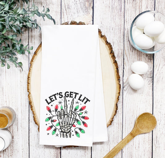 Lets get Lit peace sign with Christmas lights Smooth or Waffle texture Tea Towel