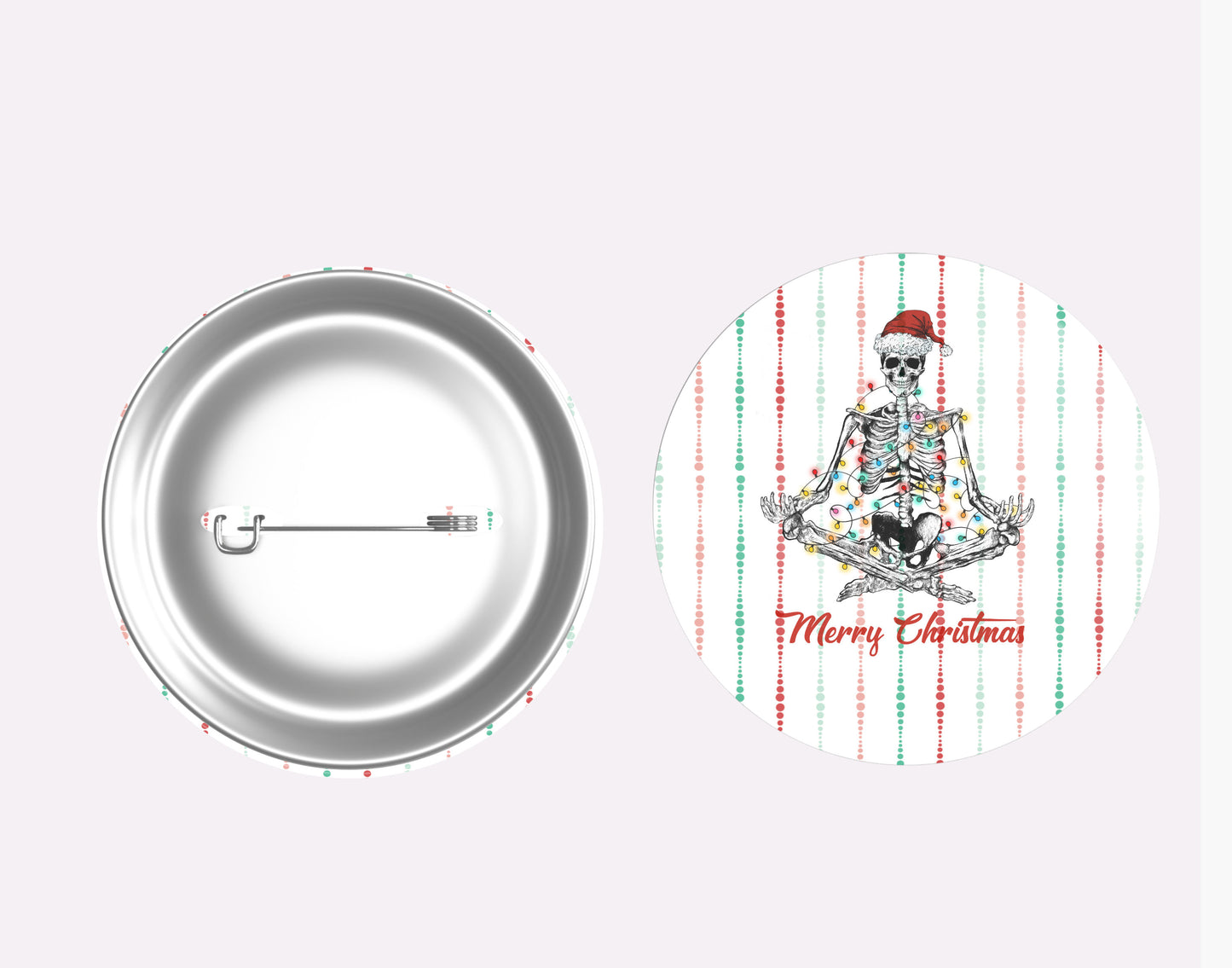 Meditating Skeleton with santa hat and Christmas Lights Button