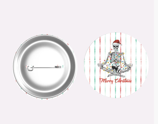Meditating Skeleton with santa hat and Christmas Lights Button