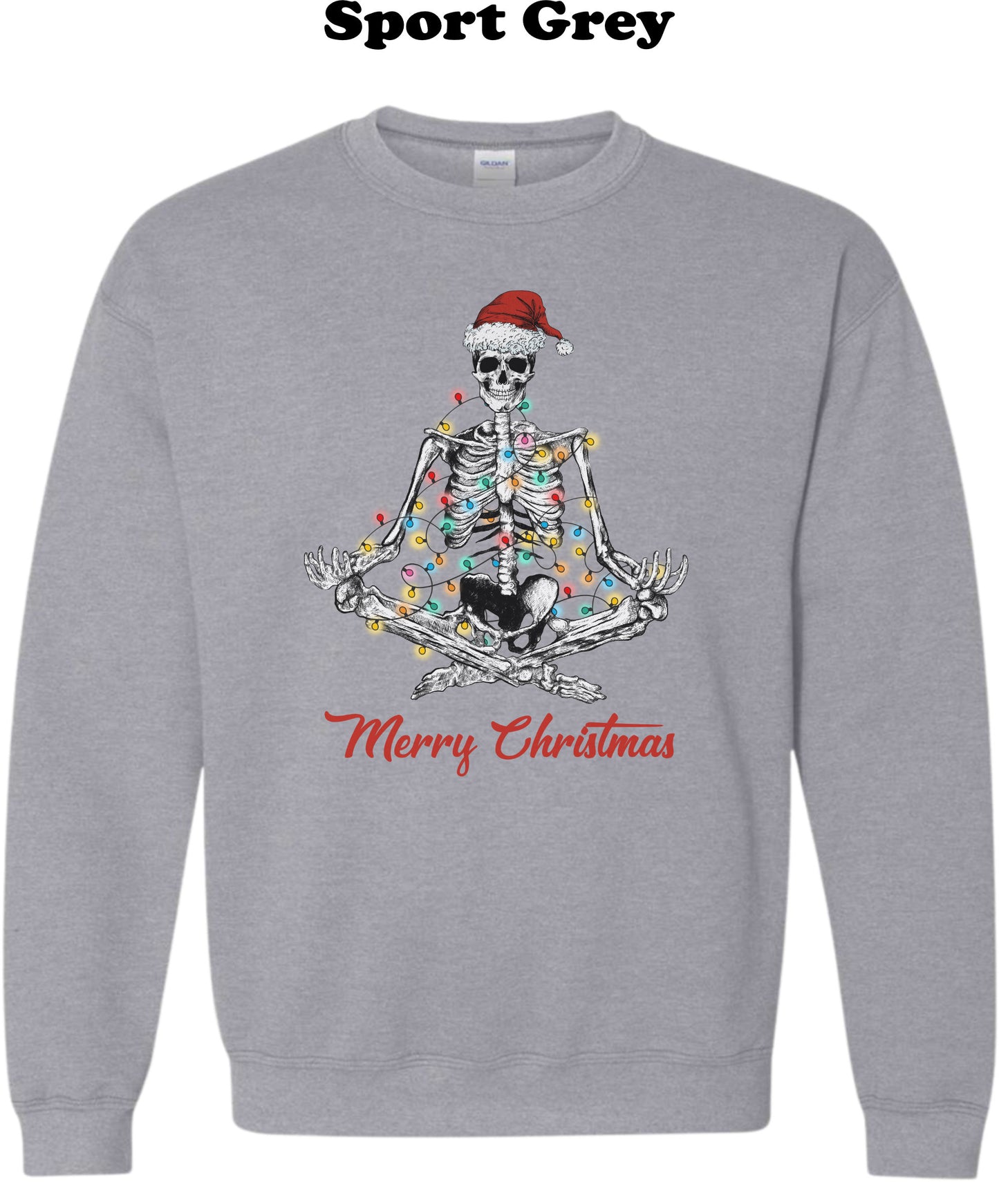 Meditating Skeleton with santa hat and Christmas Lights Crew
