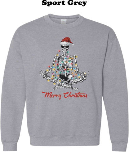 Meditating Skeleton with santa hat and Christmas Lights Crew