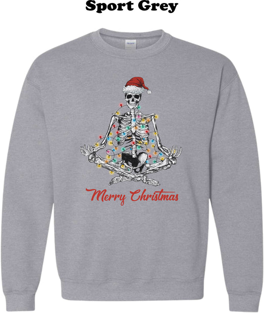 Meditating Skeleton with santa hat and Christmas Lights Crew