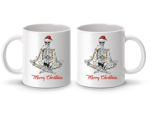 Meditating Skeleton with santa hat and Christmas Lights Mug