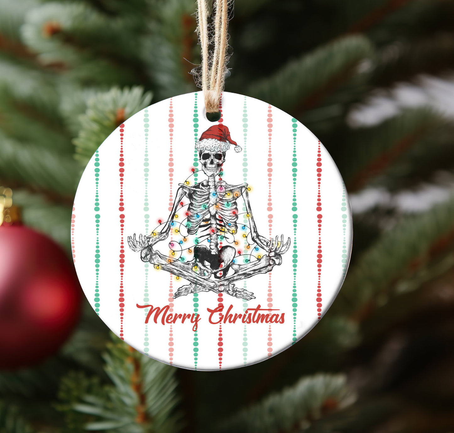 Meditating Skeleton with santa hat and Christmas Lights Ornament