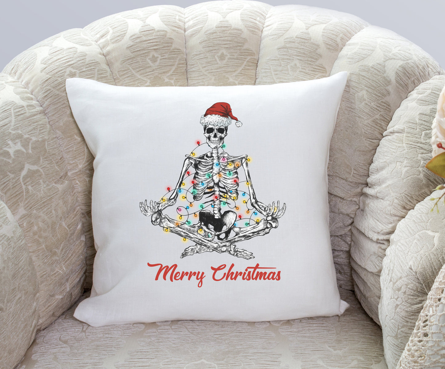 Meditating Skeleton with santa hat and Christmas Lights pillow