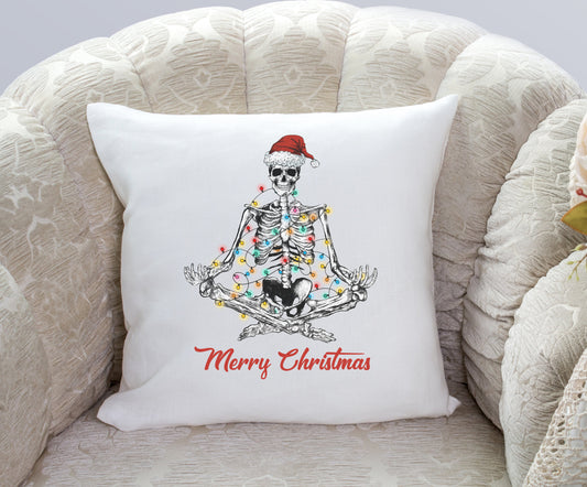 Meditating Skeleton with santa hat and Christmas Lights pillow