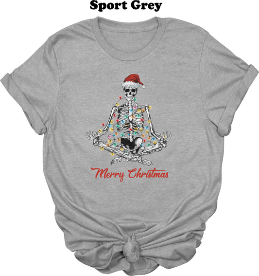 Meditating Skeleton with santa hat and Christmas Lights Tee