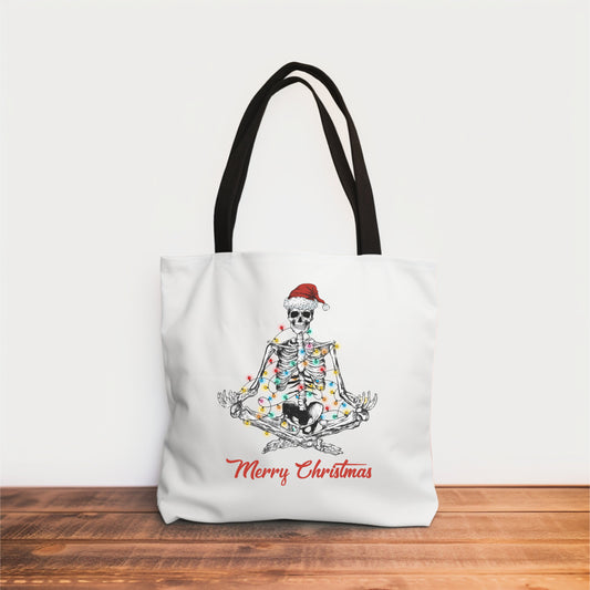 Meditating Skeleton with santa hat and Christmas Lights Tote