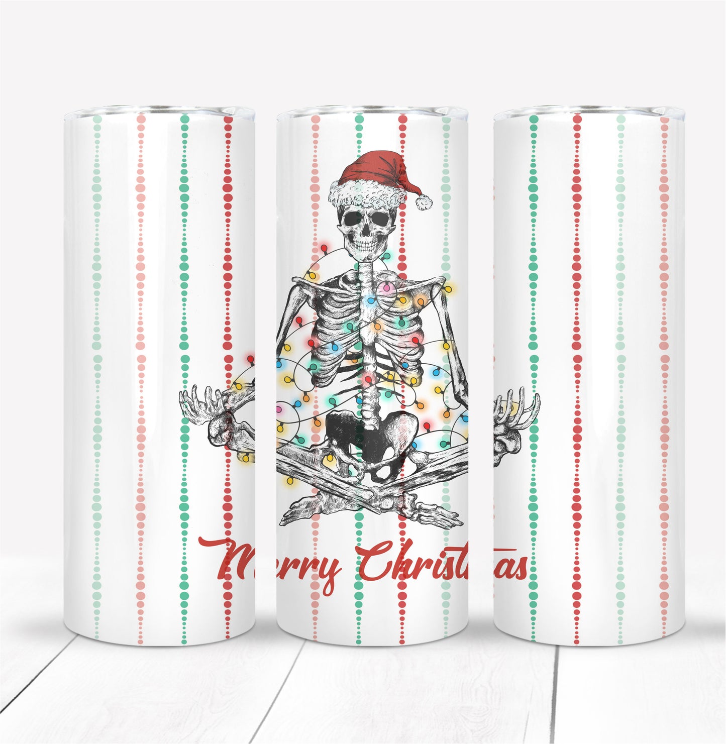 Meditating Skeleton with santa hat and Christmas Lights Tumbler