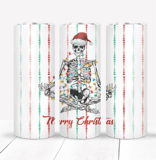 Meditating Skeleton with santa hat and Christmas Lights Tumbler