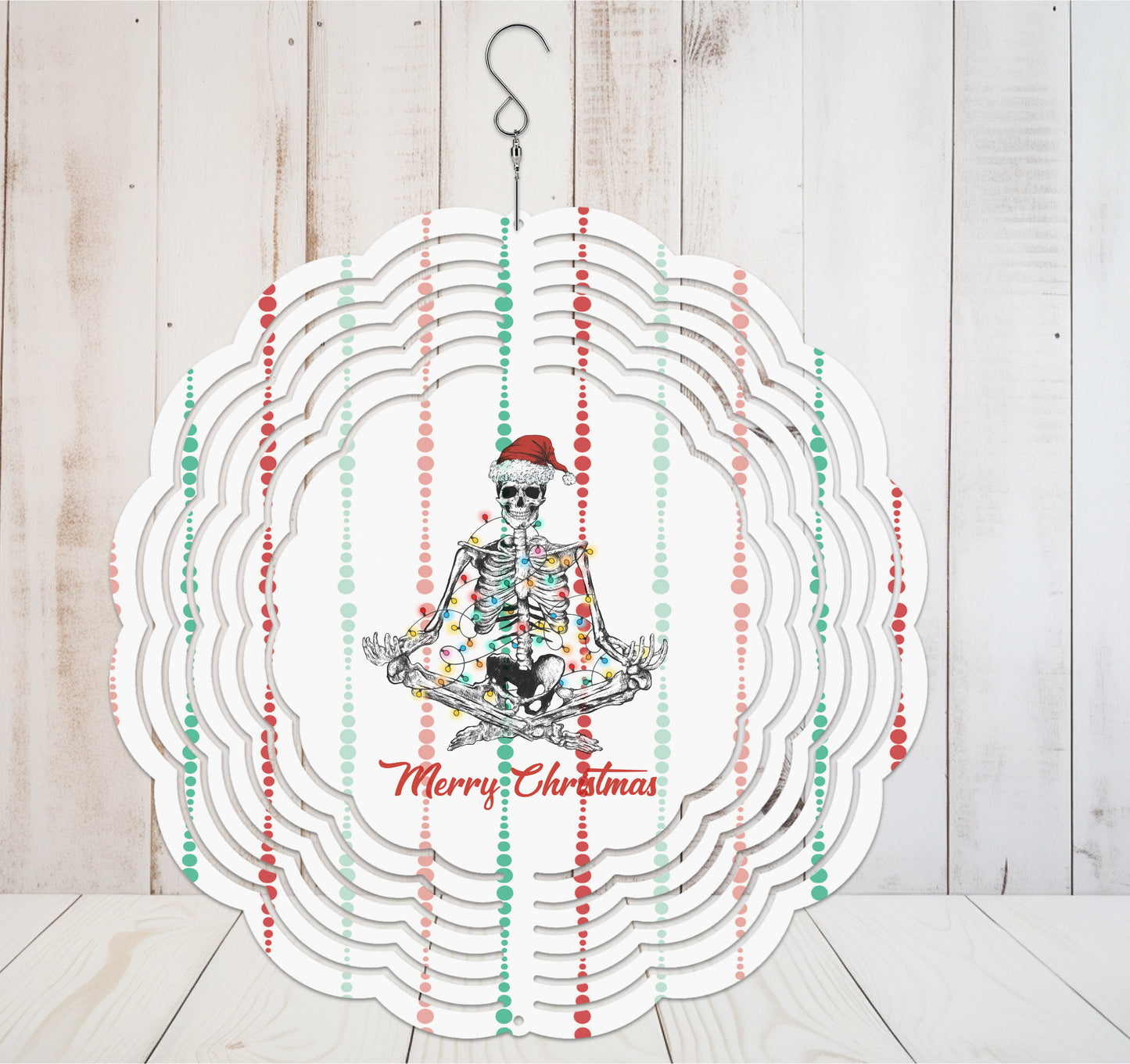 Meditating Skeleton with santa hat and Christmas Lights Wind Spinner