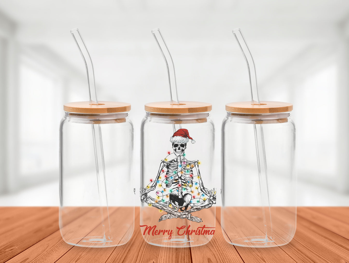 Meditating Skeleton with santa hat and Christmas Lights Cold Brew Glass Tumbler