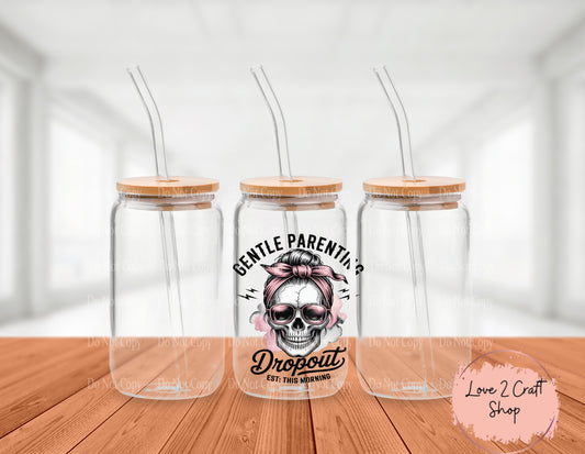 Messy Bun Skull Gentle Parenting with flowers Cold Brew Glass Tumbler