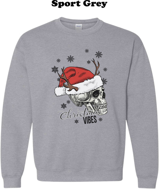 Skeleton Head with hat and antlers Christmas Vibes Crew