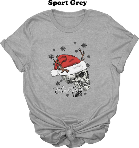 Skeleton Head with hat and antlers Christmas Vibes Tee Sport Gray / S, Sport Gray / M, Sport Gray / L, Sport Gray / XL,