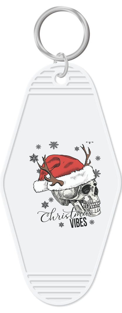Skeleton Head with hat and antlers Christmas Vibes Motel Key Chain White, Transparent Speckle, Aqua, Baby Blue, Beige,