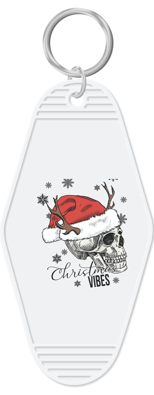 Skeleton Head with hat and antlers Christmas Vibes Motel Key Chain White, Transparent Speckle, Aqua, Baby Blue, Beige,