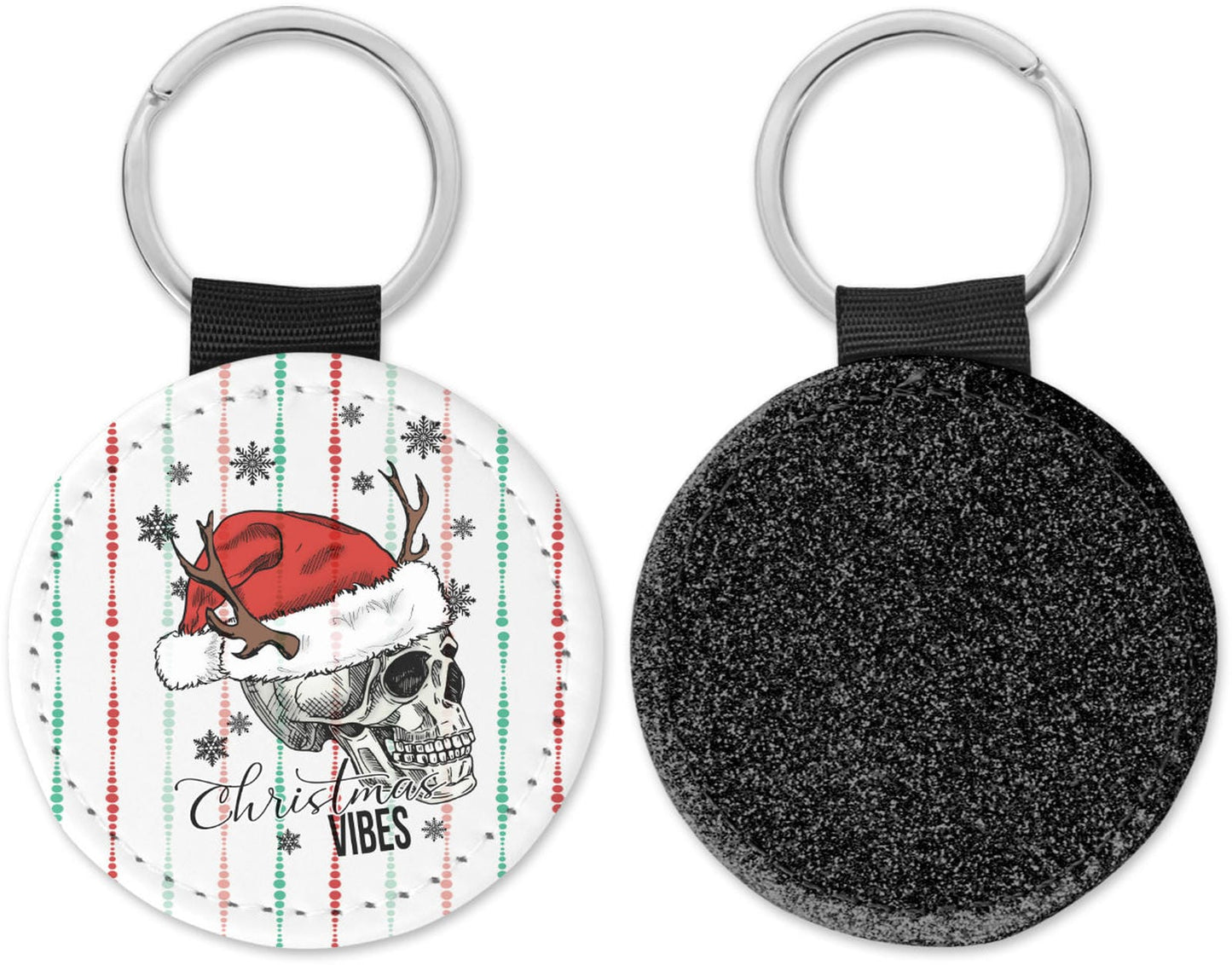 Skeleton Head with hat and antlers Christmas Vibes Round Sparkly Key Chain Black, Silver, Gold, Blue, Pink, Both Sides