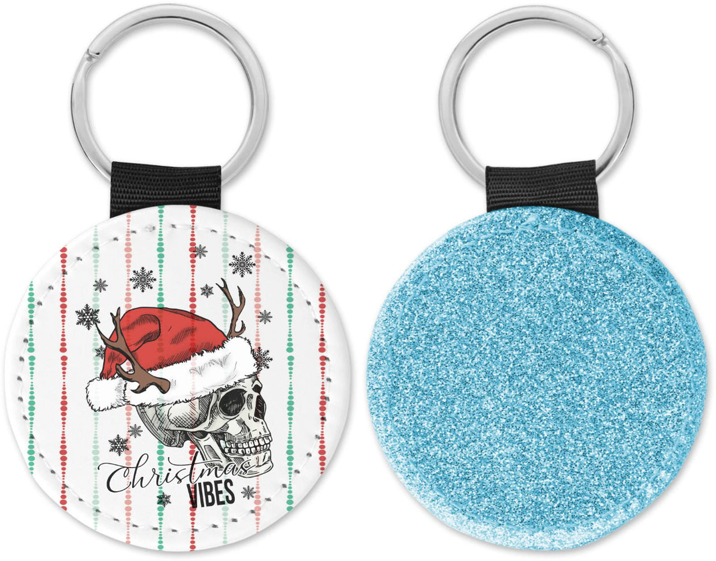 Skeleton Head with hat and antlers Christmas Vibes Round Sparkly Key Chain Black, Silver, Gold, Blue, Pink, Both Sides