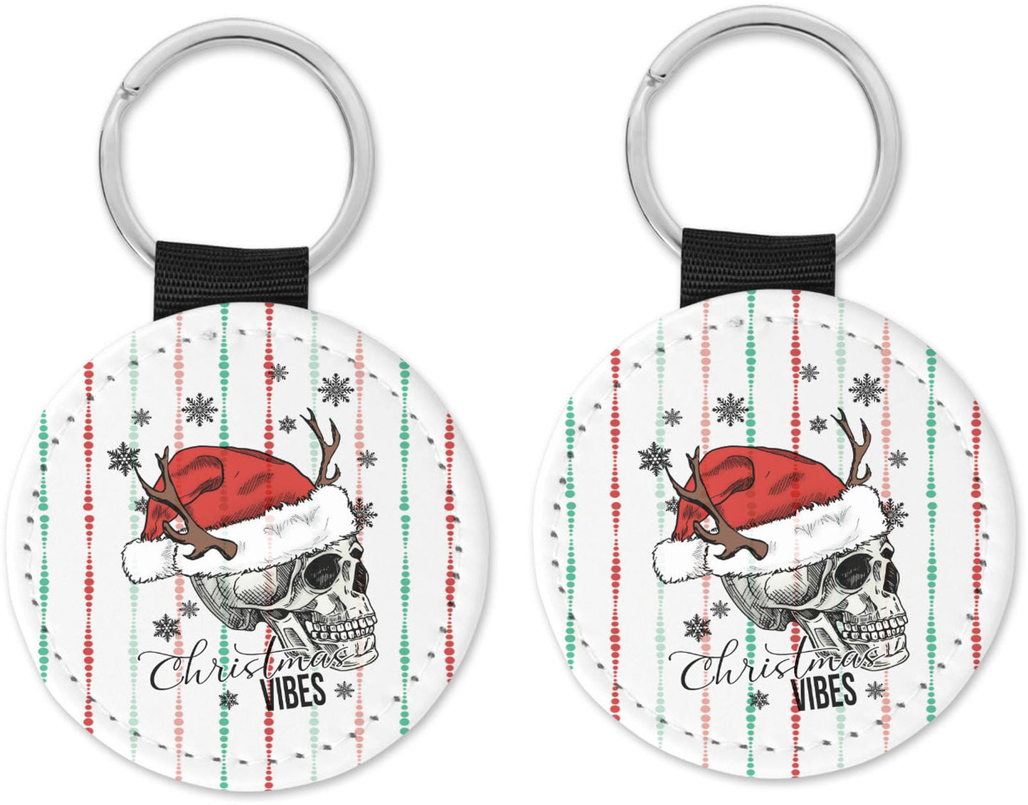Skeleton Head with hat and antlers Christmas Vibes Round Sparkly Key Chain Black, Silver, Gold, Blue, Pink, Both Sides