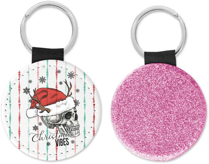 Skeleton Head with hat and antlers Christmas Vibes Round Sparkly Key Chain Black, Silver, Gold, Blue, Pink, Both Sides