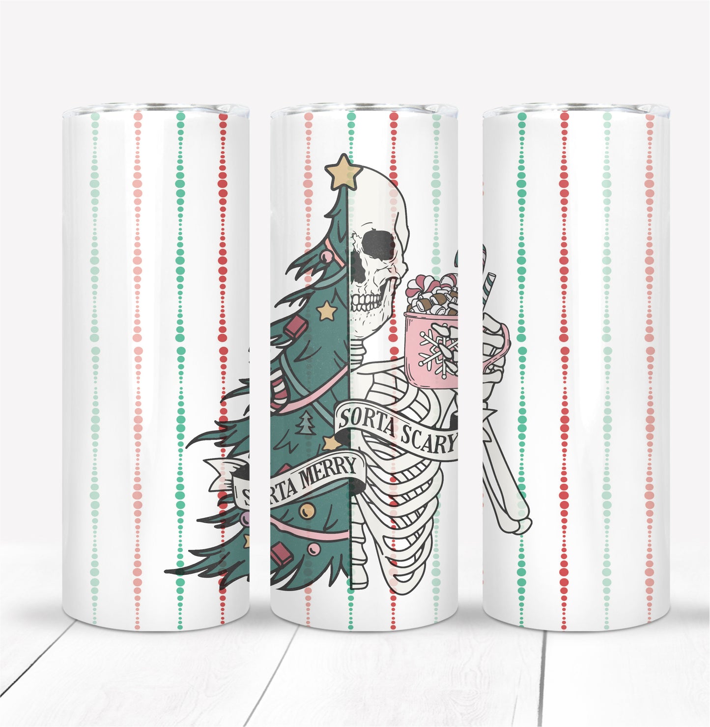 Sorta Merry Sorta scary Skeleton with Christmas Tree and Coffee Tumbler