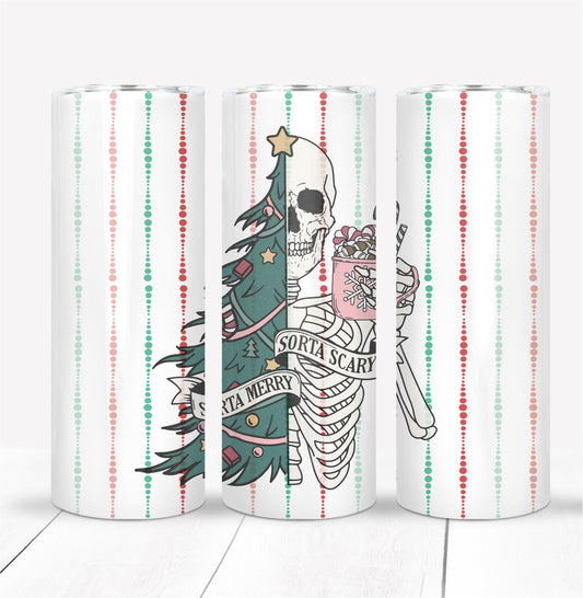 Sorta Merry Sorta scary Skeleton with Christmas Tree and Coffee Tumbler